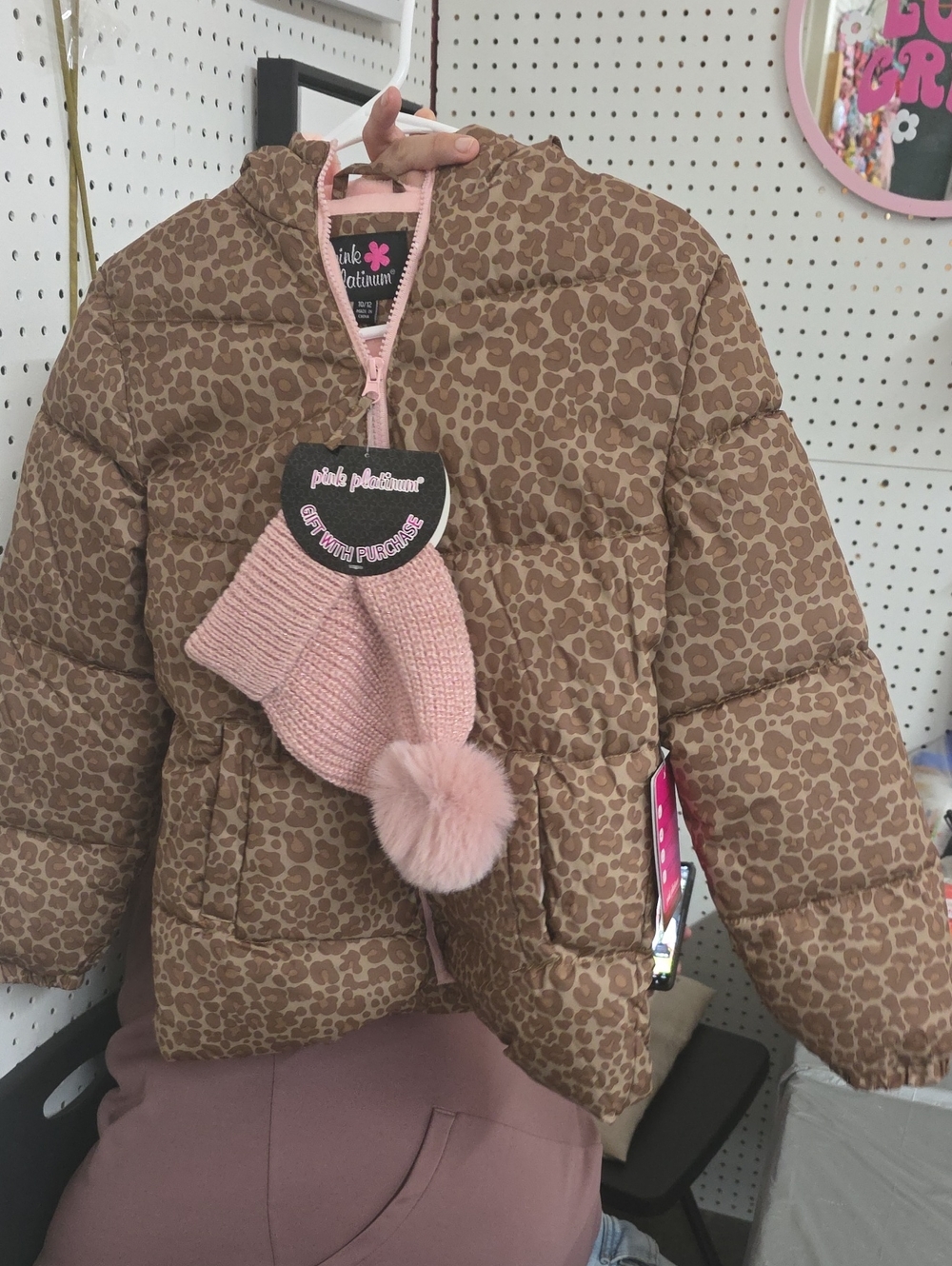 Pink Platinum Brown Leopard Puffer Jacket with Pink Pom Knit Hat